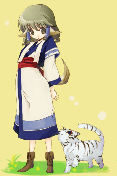 animal_ears aruruw brown_eyes brown_hair dog_ears mukkuru mukuru striped tail tiger utawareru_mono utawarerumono young