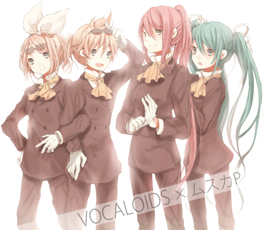 aqua_hair bad_id blonde_hair cosplay formal glasses gloves hair_ornament hair_ribbon hairclip hatsune_miku kagamine_len kagamine_rin long_hair megurine_luka muska muska_(cosplay) pant_suit pink_hair ponytail ribbon short_hair siblings smile suit tenkuu_no_shiro_laputa tetsuo twins twintails vocaloid white_gloves