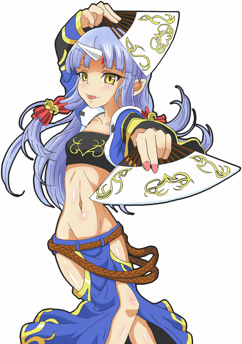 :p bandeau bell belt blue_hair blush detached_sleeves endless_frontier fan flat_chest hair_ribbon highres horn horns long_hair midriff mound_of_venus nail_polish pointy_ears ribbon simple_background skyclayman solo super_robot_wars super_robot_wars_og_saga_mugen_no_frontier suzuka_hime tongue tubetop yellow_eyes