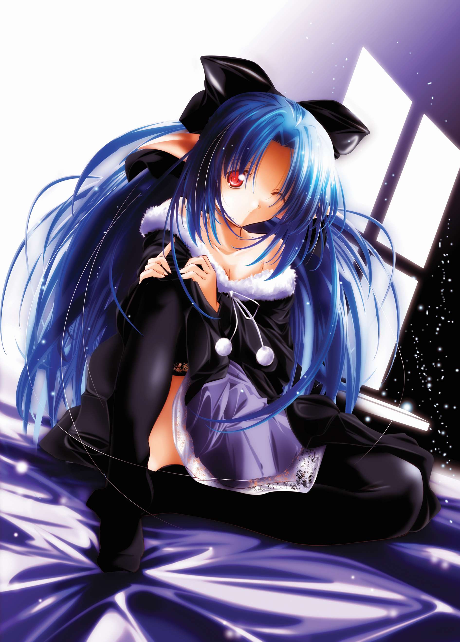 blue_hair highres len long_hair pointy_ears red_eyes skirt thigh-highs thighhighs tsukihime wink yukirin