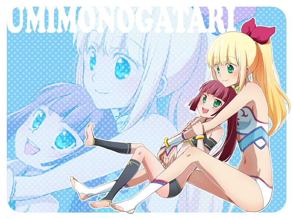 bare_shoulders barefoot bikini blonde_hair blush bracelet child feet flat_chest green_eyes hair_ribbon hotpants hug hug_from_behind jewelry legs long_hair marin midriff mina_m navel open_mouth ponytail red_hair redhead ribbon short_shorts shorts swimsuit toeless_socks umi_monogatari urin_(umi_monogatari) zoom_layer