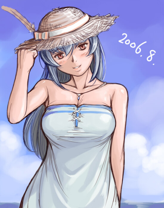 bare_shoulders beach blush breasts casual cleavage feathers hat jewelry necklace rozen_maiden rozenweapon smile solo straw_hat suigintou
