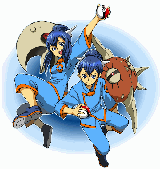 blue_hair fuu_(pokemon) lunatone poke_ball pokemon ponytail ran_(pokemon) siblings solrock twins