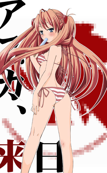 1girl arima_natubon ass bikini blue_eyes blush from_behind long_hair looking_back neon_genesis_evangelion orange_hair popsicle shikinami_asuka_langley side-tie_bikini solo souryuu_asuka_langley striped striped_bikini striped_swimsuit swimsuit