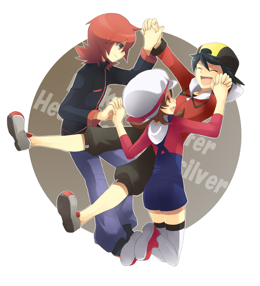 2boys :d alternate_costume bad_id baseball_cap bin_(pixiv) black_hair blue_eyes brown_eyes brown_hair cabbie_hat closed_eyes gold_(pokemon) gold_(pokemon)_(remake) hana_(mew) hand_holding hat hat_ribbon holding_hands interlocked_fingers kotone_(pokemon) multiple_boys nintendo open_mouth overalls pokemon pokemon_(game) pokemon_gsc red_hair red_ribbon redhead ribbon silver_(pokemon) silver_(pokemon)_(remake) smile thigh-highs thighhighs