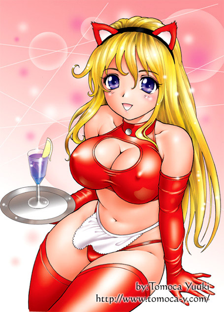 bb blonde_hair blush breasts cat_ears cleavage cleavage_cutout curvy erect_nipples fake_animal_ears food fruit glass gloves hairband large_breasts lemon lemon_slice maid open_mouth plate purple_eyes smile thigh-highs thighhighs tit_window violet_eyes yuuki_tomoka