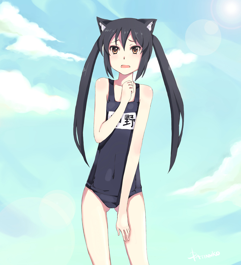 bad_id black_hair brown_eyes cat_ears embarrassed hao_(patinnko) k-on! lens_flare nakano_azusa one-piece_swimsuit patinnko payot school_swimsuit sky solo swimsuit twintails
