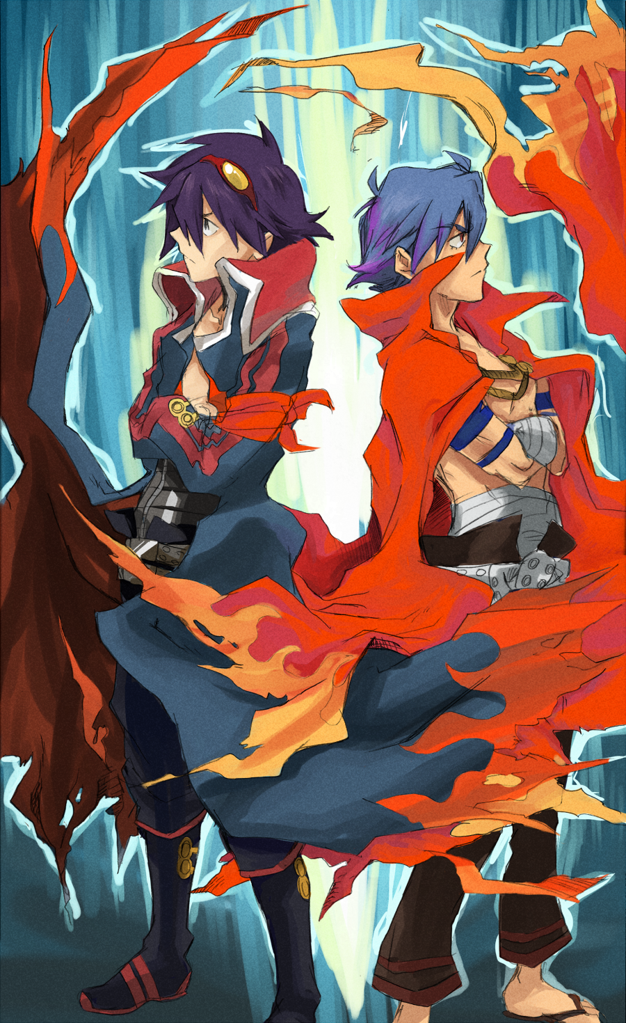 back_to_back bandage bandages blue_hair bodypaint cape crossed_arms glasses goggles goggles_on_head highres kamina male shirtless simon tehryu tengen_toppa_gurren_lagann