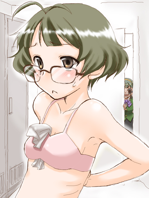 1girl akizuki_ryou antenna antenna_hair bad_id blush bra brown_eyes camcorder camera crossdressing glasses idolmaster lingerie natsuno_hareruya otonashi_kotori ribs saliva solo tissue trap underwear