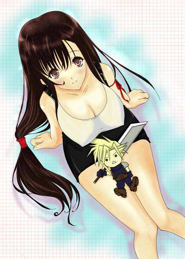 brown_hair chibi cleavage cloud_strife erect_nipples final_fantasy final_fantasy_vii grid huge_breasts long_hair looking_up modern_afro taut_shirt tifa_lockhart