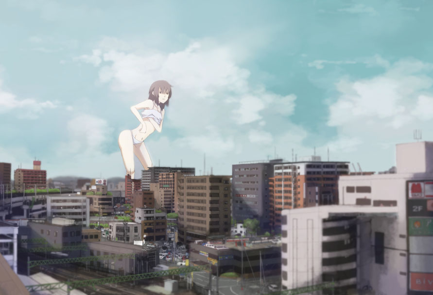 1girl 9ji cityscape giant giantess lingerie midriff original scenery sky solo underwear