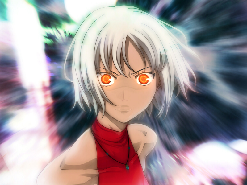 androgynous bare_shoulders canaan canaan_(character) fukurou glowing glowing_eyes jewelry necklace short_hair silver_hair sleeveless sleeveless_turtleneck turtleneck yellow_eyes