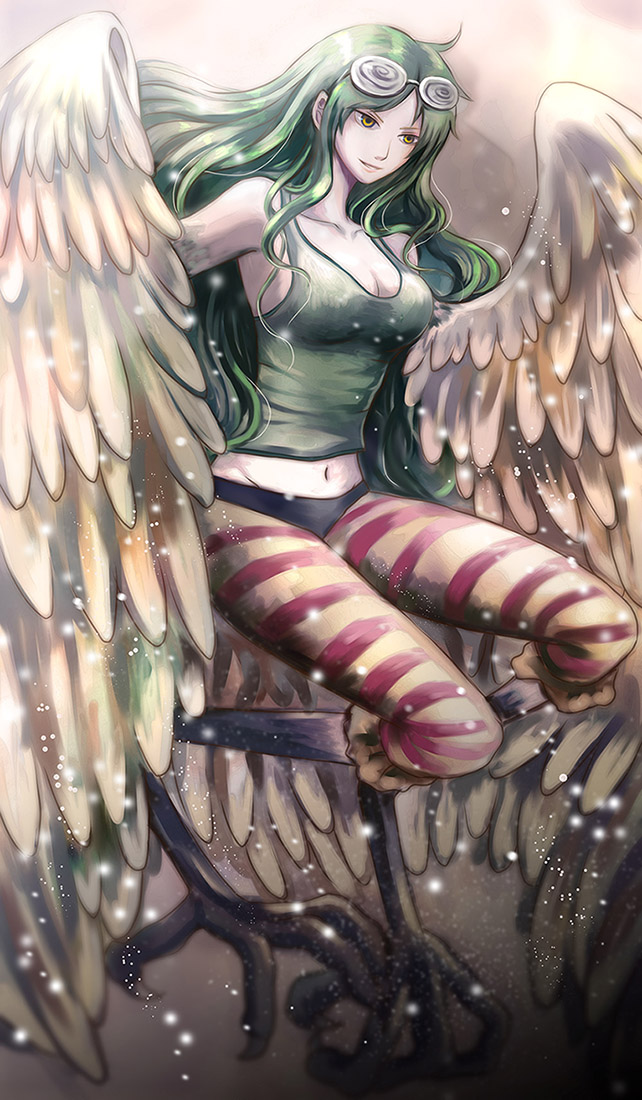 1girl breasts cleavage feathered_wings glasses_on_head green_hair harpy long_hair midriff monet_(one_piece) monster_girl navel one_piece philippa solo striped wings yellow_eyes
