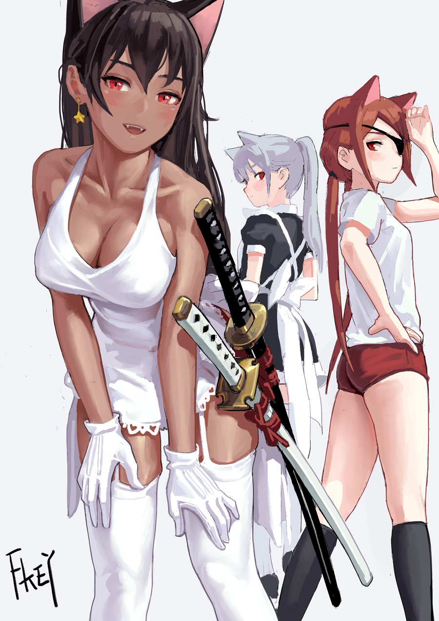 3girls animal_ears apron arm_up artist_name ass black_legwear blush breasts brown_hair buruma cat_ears chinese_commentary cleavage closed_mouth collarbone commentary_request dark_skin dress earrings erect_nipples eyepatch fangs fkey frills garter_straps gloves grey_background gym_uniform hand_on_hip hands_on_own_thighs highres jewelry kneehighs leaning_forward long_hair looking_at_viewer looking_back low_twintails maid maid_apron maid_dress medium_breasts multiple_girls one-piece_swimsuit original parted_lips ponytail puffy_sleeves red_eyes shirt shoes short_sleeves silver_hair swimsuit sword twintails weapon white_gloves white_legwear white_shirt
