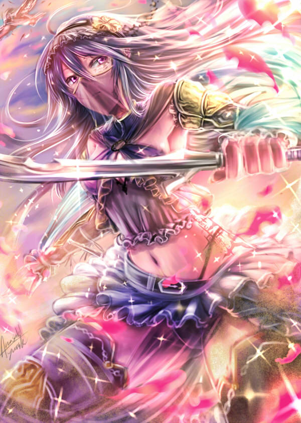 1girl armpits detached_sleeves hair_ornament holding_sword holding_weapon long_hair navel original purple_hair see-through solo sword thigh-highs violet_eyes wa-kun weapon