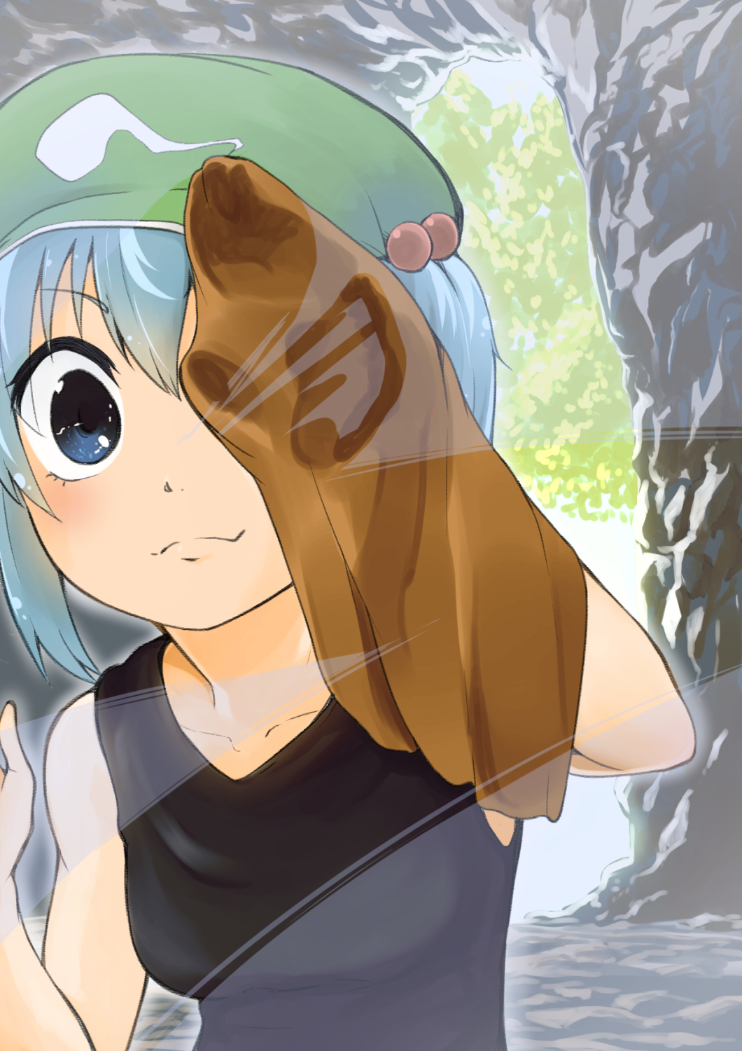 1girl against_glass blue_eyes blue_hair blush cave cleaning fourth_wall hair_bobbles hair_ornament hat highres kaibu222 kawashiro_nitori phone_wallpaper short_hair smile solo tank_top touhou twintails two_side_up upper_body wiping