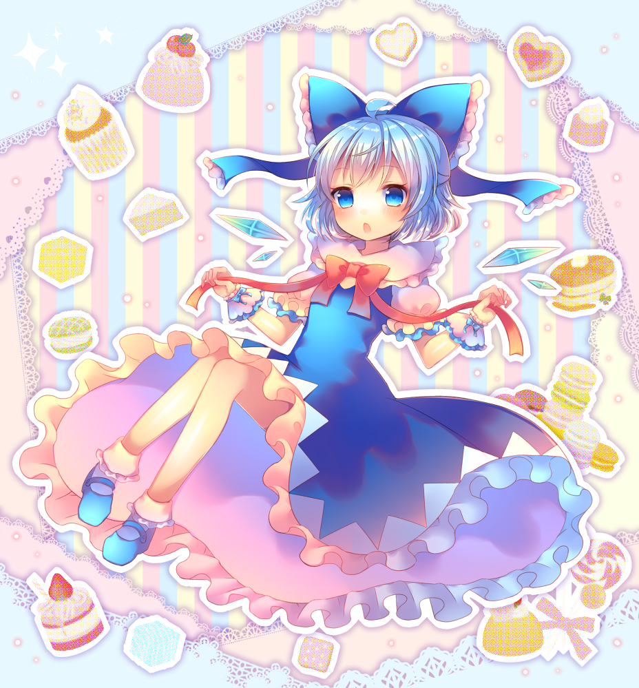 1girl blue_dress blue_eyes blue_hair bow cake candy cirno cookie dress food hair_bow ice ice_wings lollipop looking_at_viewer open_mouth pjrmhm_coa puffy_short_sleeves puffy_sleeves shirt short_hair short_sleeves solo touhou valentine wings wrist_cuffs
