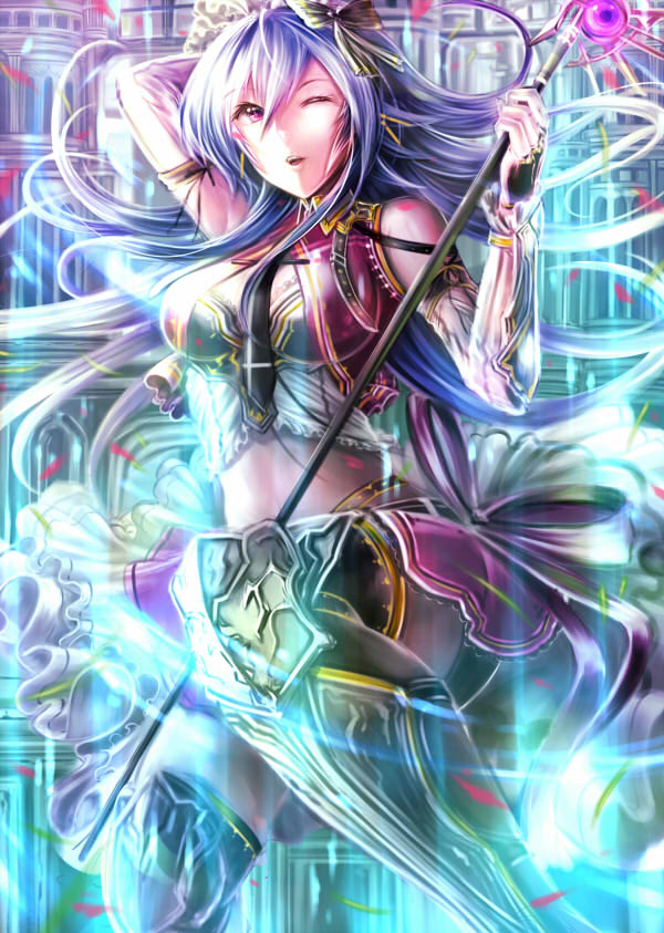 1girl armor armored_boots black_necktie blue_hair boots detached_sleeves holding_weapon long_hair one_eye_closed original pink_eyes solo staff wa-kun