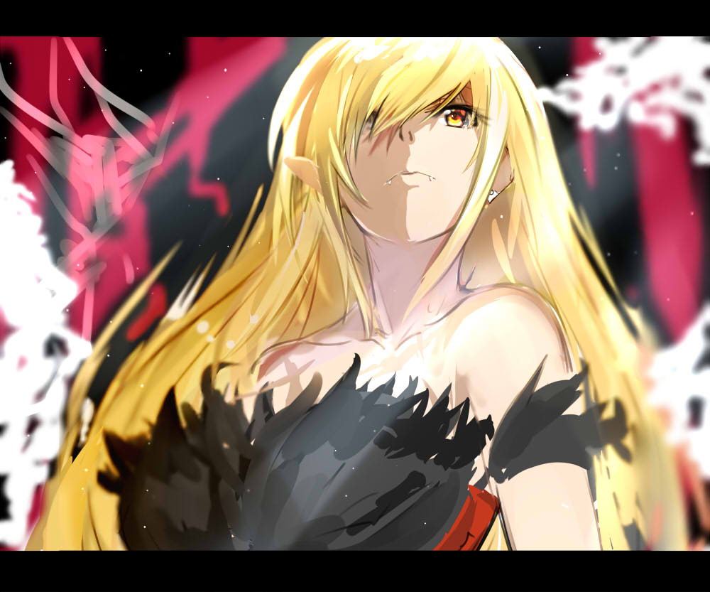 1girl bare_shoulders blonde_hair fangs hair_over_one_eye isshiki_(ffmania7) kiss-shot_acerola-orion_heart-under-blade letterboxed long_hair monogatari_(series) pointy_ears sketch solo yellow_eyes