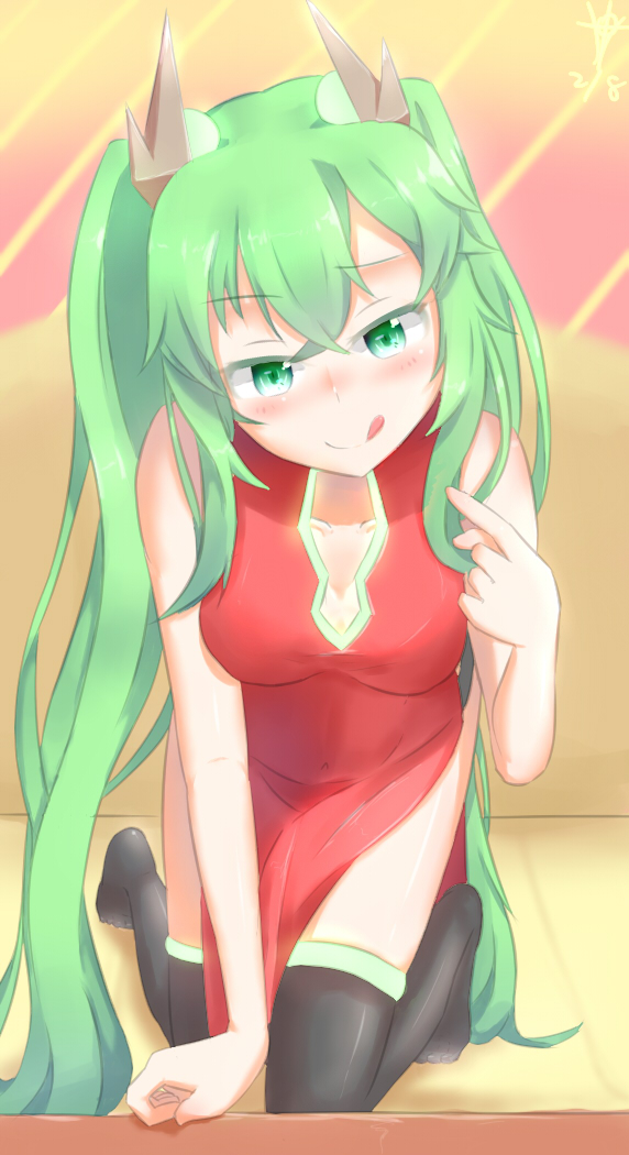 1girl all_fours bare_shoulders blush china_dress chinese_clothes collarbone crota dated destiny_(game) dress green_eyes green_hair kuroda_mulberry thigh-highs tongue tongue_out twintails