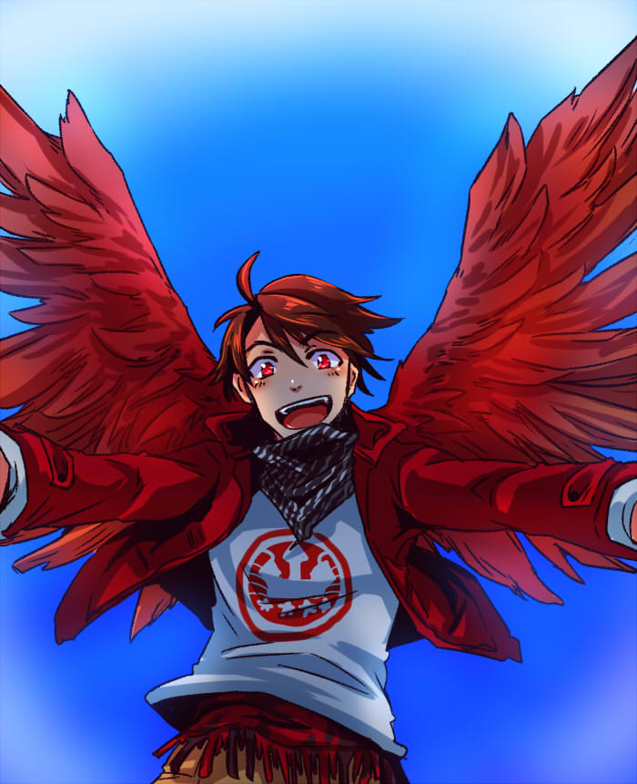 1boy commentary_request doubutsu_sentai_zyuohger kazakiri_yamato male mijinko_(83nabe) red_eyes redhead super_sentai tagme wings