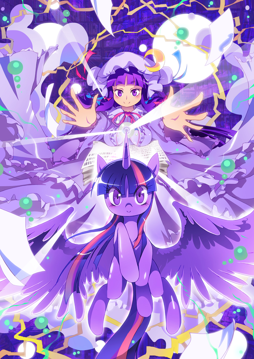 1girl bow crossover hair_bow hair_ribbon hat highres looking_at_viewer mob_cap my_little_pony my_little_pony_friendship_is_magic patchouli_knowledge pegasus pony purple_hair ribbon smile touhou twilight_sparkle unicorn violet_eyes xin_yu_hua_yin