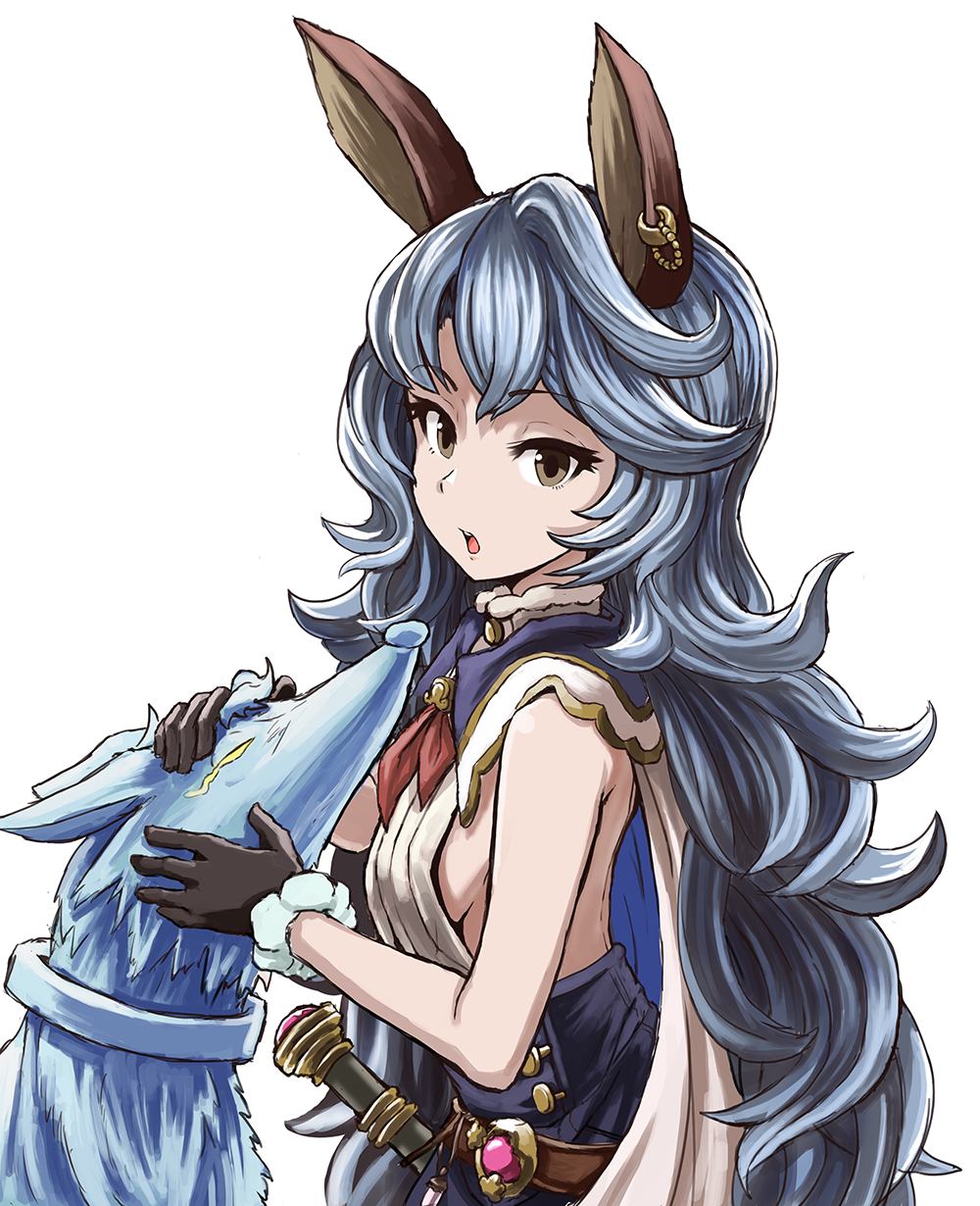 1girl animal_ears bare_shoulders belt black_gloves blue_hair blue_skirt breasts brown_eyes ferry_(granblue_fantasy) from_side gloves granblue_fantasy highres jewelry kitiku long_hair looking_at_viewer open_mouth rabbit_ears sideboob single_earring skirt solo wavy_hair white_background wolf