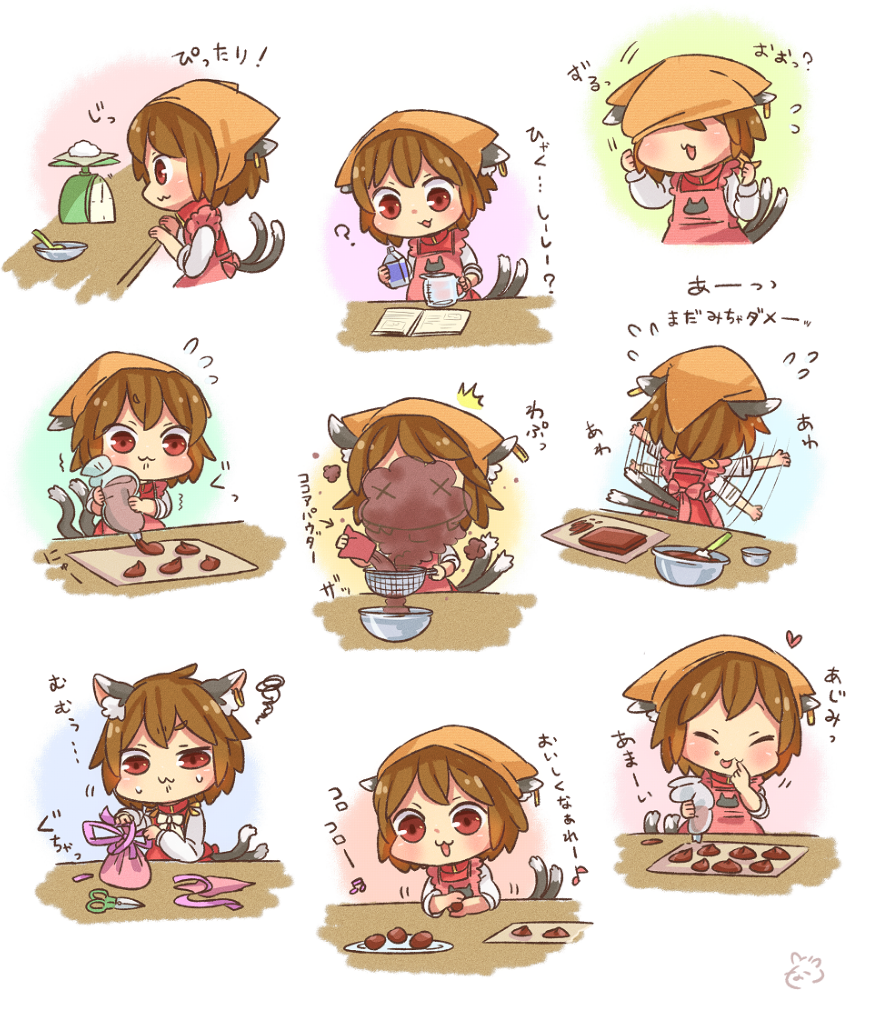 /\/\/\ 1girl :3 ? adapted_costume animal_ears apron brown_hair cat_ears cat_print cat_tail chen chocolate chocolate_making closed_eyes closed_mouth cocoa_powder commentary flailing flying_sweatdrops heart ibarashiro_natou jewelry long_sleeves multiple_tails musical_note nekomata recipe red_eyes scales short_hair single_earring sleeves_rolled_up solo tail tasting touhou translated two_tails valentine x_x