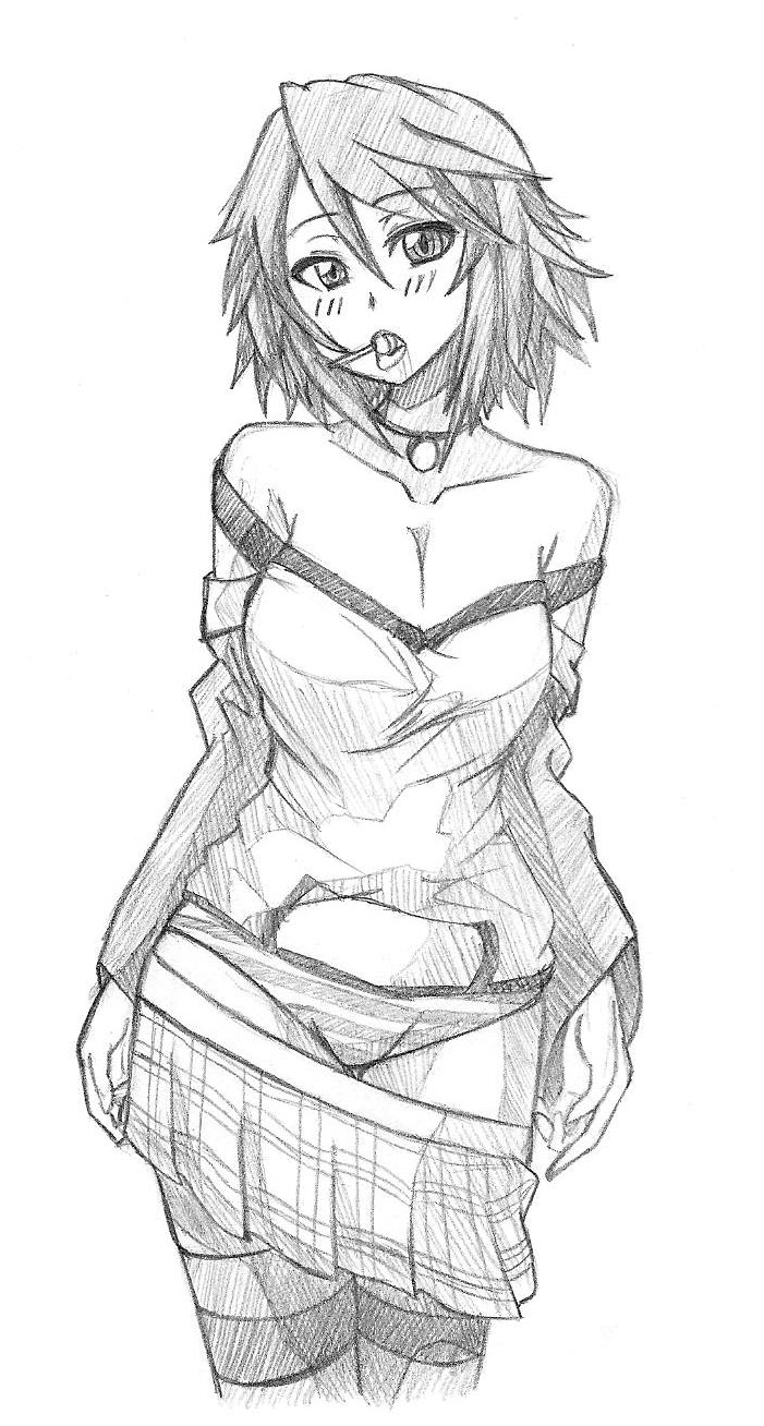 bare_shoulders breasts candy cleavage collarbone food_in_mouth graphite_(medium) highres jewelry large_breasts lollipop miniskirt monochrome necklace off-shoulder_shirt okamaka panties plaid plaid_skirt pleated_skirt rosario+vampire shirayuki_mizore shirt skirt skirt_pull striped striped_legwear striped_panties thigh-highs tongue tongue_out traditional_media underwear undressing