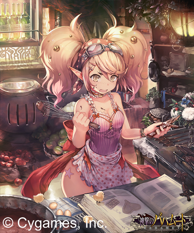 1girl :d antenna_hair apple apron arch bag bangs bare_shoulders beak bird blonde_hair blue_ribbon blush book box bracelet breasts bucket buckle buttons camisole chicken chocolate chocolate_on_breasts chocolate_on_face cleavage clothes_hanger cooking_pot cowboy_shot dagger day elf flower food fruit frying_pan gift gift_box glass goggles goggles_on_head grapes hair_between_eyes hair_ornament hairclip hairpin hamadaichi handbag head_scarf heart heart_print hips holding indoors jewelry jug khanshin lamp lantern leaf long_hair neck_garter open_book open_mouth oven pages paper pendant pipe plant pointy_ears polka_dot polka_dot_apron red_ribbon red_skirt reflection ribbon shelf shingeki_no_bahamut skirt sleeveless small_breasts smile solo spoon standing star sunlight swept_bangs table tattoo thighs tissue tray twintails valentine vase waist_apron weapon whisk window windowsill yellow_eyes