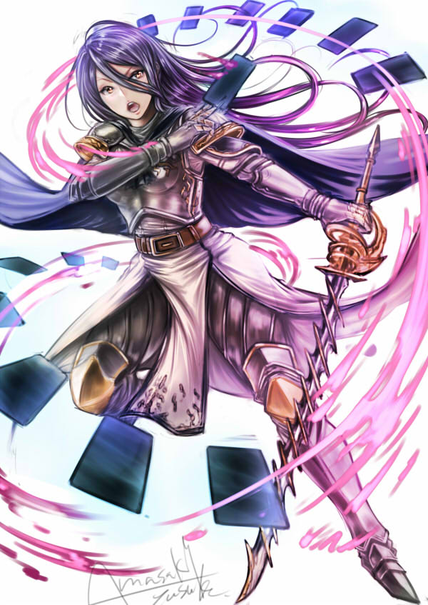 1girl armor armored_boots boots breasts gauntlets granblue_fantasy holding_sword holding_weapon long_hair open_mouth purple_hair rosamia_(granblue_fantasy) signature solo spaulders sword wa-kun weapon