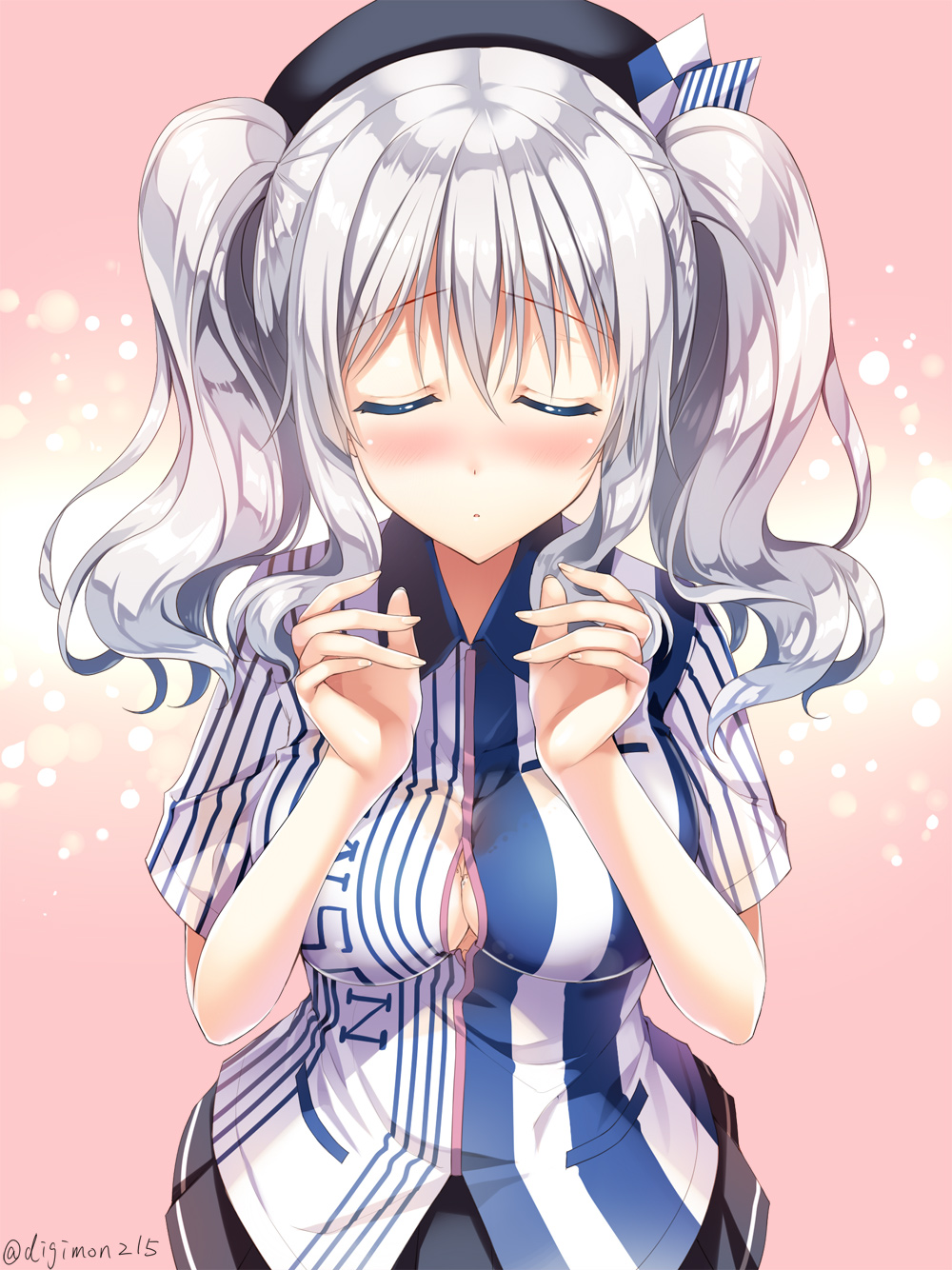 1girl beret blush breasts bursting_breasts cleavage closed_eyes employee_uniform hat highres incoming_kiss kantai_collection kashima_(kantai_collection) large_breasts lawson long_hair shirt short_sleeves sidelocks silver_hair skirt smile solo sousouman twintails uniform valentine wavy_hair