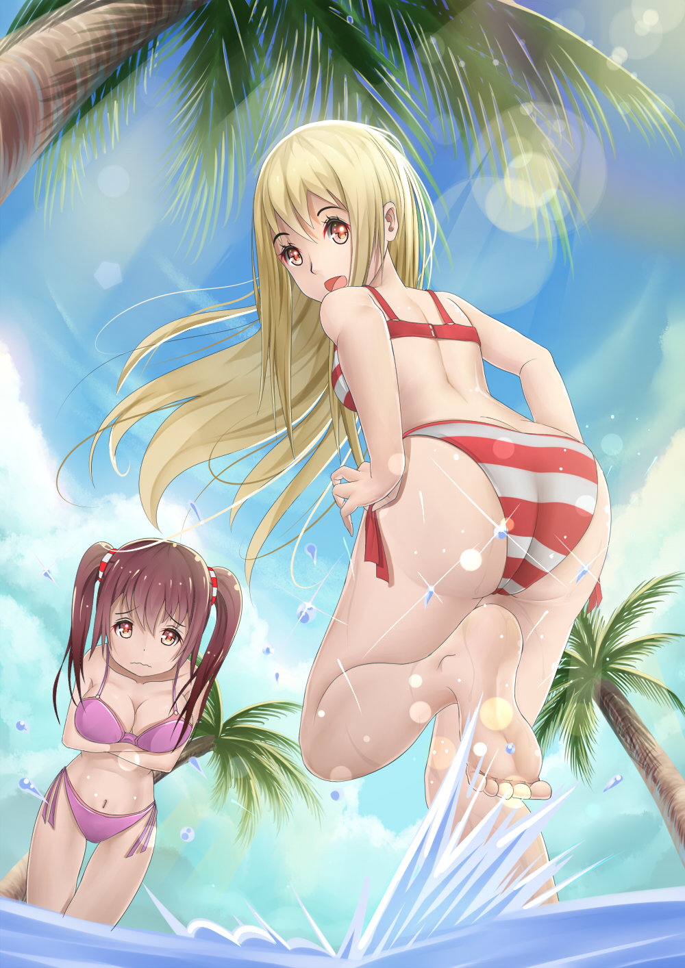 2girls ass bikini blonde_hair breasts brown_eyes brown_hair character_request cleavage doma_umaru ebina_nana highres himouto!_umaru-chan long_hair looking_at_viewer multiple_girls navel open_mouth outdoors palm_tree short_twintails side-tie_bikini splash striped striped_bikini swimsuit tree twintails violet_eyes water xiaosan_ye