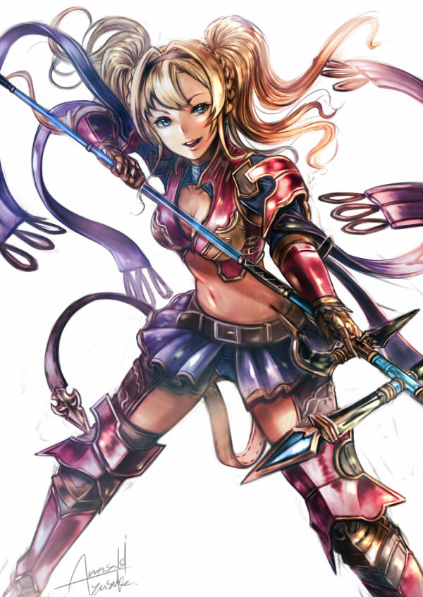 1girl armor armored_boots blonde_hair boots breasts cleavage gauntlets green_eyes holding_weapon long_hair navel signature solo spaulders wa-kun zeta_(granblue_fantasy)