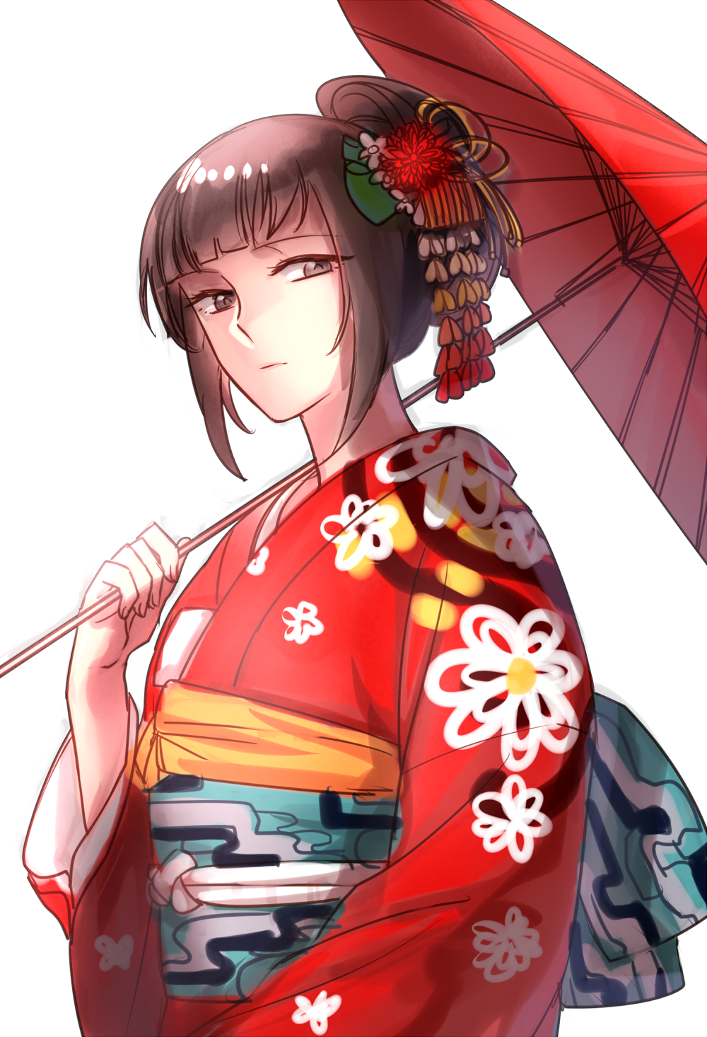 1girl aken brown_eyes brown_hair hair_ornament hair_up highres japanese_clothes kimono narberal_gamma overlord_(maruyama) simple_background solo umbrella upper_body white_background