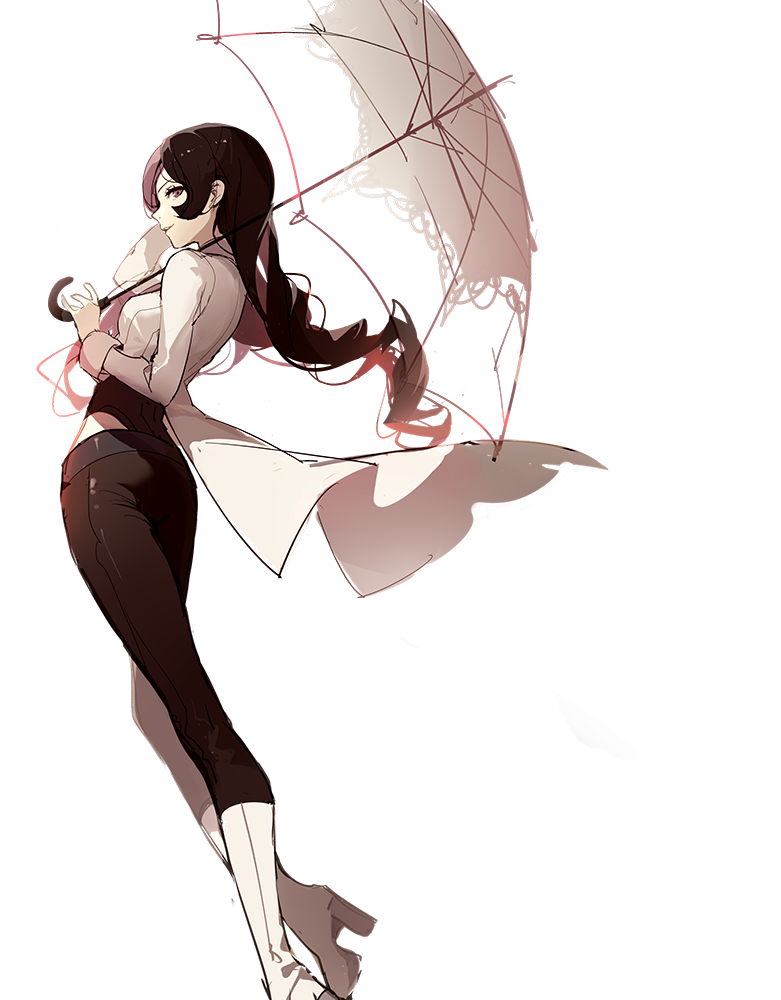 1girl ask_(askzy) black_eyes black_hair black_pants boots high_heel_boots high_heels jacket long_hair long_sleeves neo_(rwby) pants parasol parted_lips rwby simple_background sketch solo transparent umbrella white_background white_boots wind