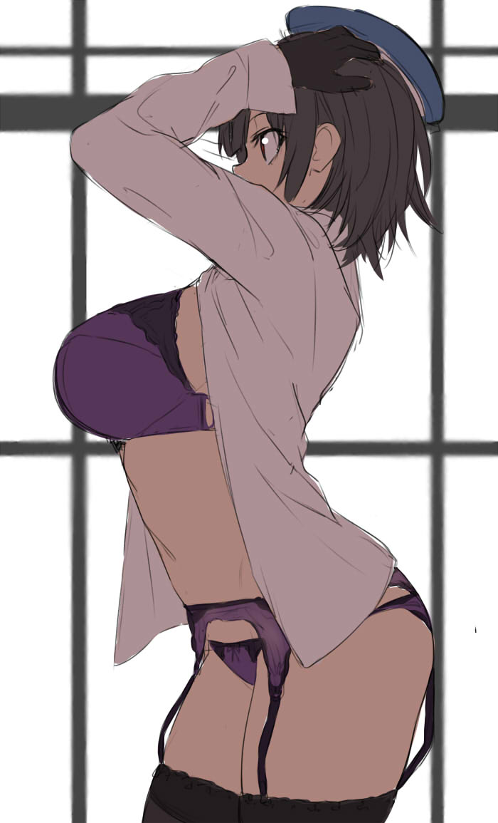 arms_up beret black_gloves black_hair bra breasts from_side garter_belt garter_straps gloves hat isshiki_(ffmania7) kantai_collection large_breasts open_clothes open_shirt panties partially_undressed purple_bra purple_panties red_eyes shirt short_hair sketch solo takao_(kantai_collection) thigh-highs underwear