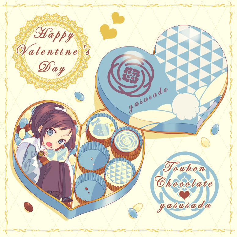 1boy bitikara black_hair blue_eyes bow box candy character_name chocolate food food_on_face hair_bow hakama happy_valentine heart-shaped_box in_box in_container japanese_clothes jelly_bean male_focus open_mouth ponytail scarf touken_ranbu valentine yamato-no-kami_yasusada