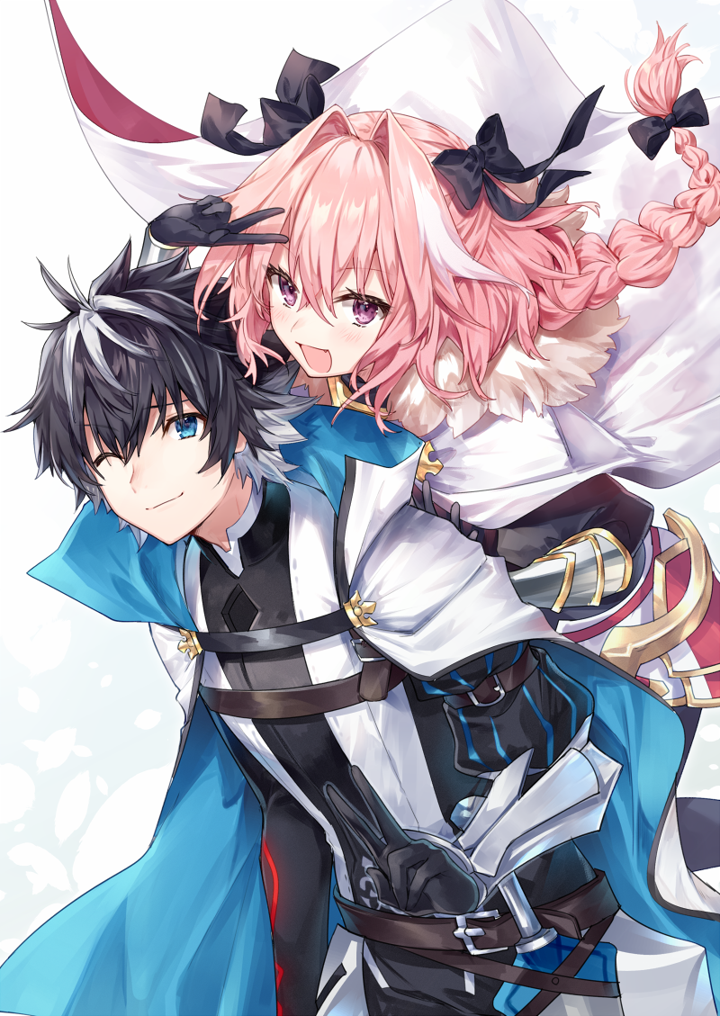 2boys :d arm_up armor astolfo_(fate) bangs belt_buckle black_bow black_gloves black_hair black_legwear black_ribbon black_shirt blue_cloak blue_eyes blush bow braid brown_belt buckle cape charlemagne_(fate) closed_mouth commentary_request eyebrows_visible_through_hair fate/extella_link fate/extra fate_(series) faulds glomp gloves grey_hair hair_between_eyes hair_bow hair_intakes hair_ribbon high_collar hug long_hair looking_at_viewer male_focus multicolored_hair multiple_boys one_eye_closed open_mouth pantyhose pink_hair puffy_sleeves red_cape ribbon shiny shiny_hair shirt simple_background single_braid smile spiky_hair standing streaked_hair trap two-tone_hair v vambraces violet_eyes white_background white_cape white_cloak white_hair white_shirt yuya_(night_lily)