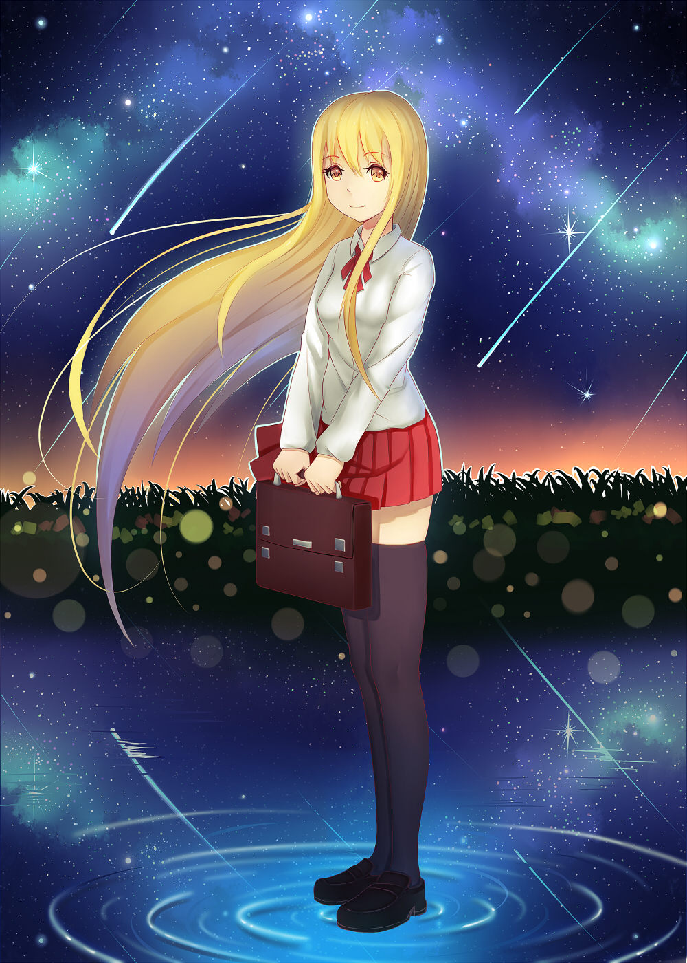 1girl black_legwear blonde_hair doma_umaru highres himouto!_umaru-chan long_hair pleated_skirt red_skirt skirt sky smile solo star_(sky) starry_sky thigh-highs white_shirt xiaosan_ye yellow_eyes