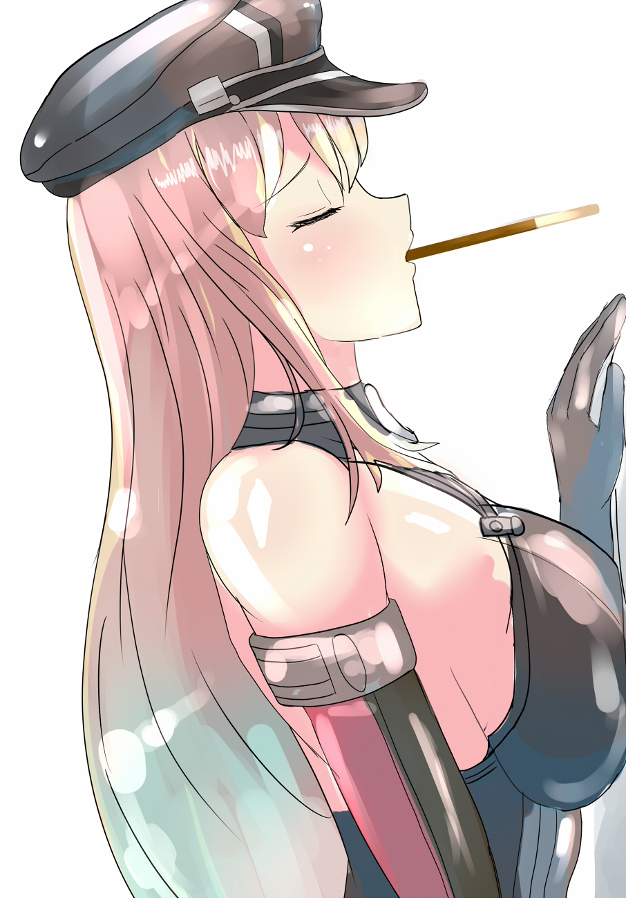 1girl bare_shoulders bismarck_(kantai_collection) black_gloves blonde_hair blush breast_press breasts closed_eyes elbow_gloves food from_side gloves grey_hat hat head_back highres kantai_collection large_breasts long_hair military military_uniform moriya mouth_hold peaked_cap pocky profile shiny shiny_skin sideboob sidelocks simple_background solo uniform upper_body white_background