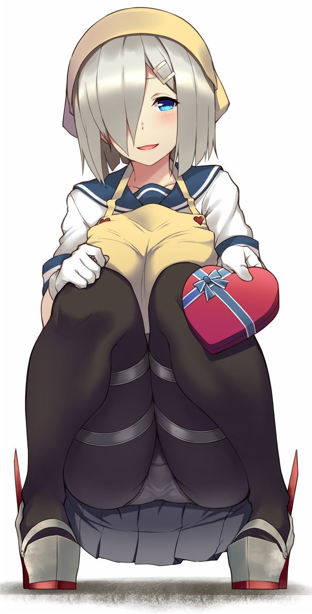 1girl apron black_legwear blue_eyes blush box breasts chocolate collarbone commentary_request gift gift_box giving gloves grey_skirt hair_ornament hair_over_one_eye hairclip hamakaze_(kantai_collection) hand_on_own_knee head_scarf heart highres holding_gift kantai_collection large_breasts looking_at_viewer open_mouth panties panties_under_pantyhose pantyhose pantyshot pantyshot_(squatting) pleated_skirt ribbon school_uniform serafuku shoes short_hair short_sleeves silver_hair simple_background skirt smile solo squatting sukebewe tenugui thigh_strap underwear valentine white_background white_gloves white_panties yellow_apron