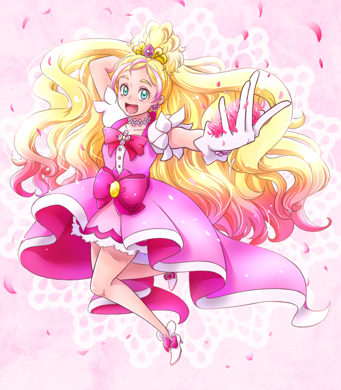 1girl :d blonde_hair bow cure_flora earrings eyebrows flower flower_necklace full_body gloves go!_princess_precure gradient_hair green_eyes haruno_haruka hyuuga_(gekkazake) jewelry long_hair looking_at_viewer magical_girl multicolored_hair necklace open_mouth petals pink_background pink_bow pink_hair pink_skirt precure shoes skirt smile solo streaked_hair thick_eyebrows two-tone_hair white_gloves white_shoes