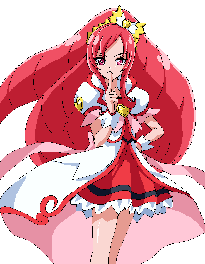 1girl bow brooch coat cowboy_shot cure_ace dokidoki!_precure finger_to_mouth hair_bow hairband hand_on_hip jewelry long_hair looking_at_viewer madoka_aguri magical_girl oekaki precure red_eyes red_skirt redhead sidelocks skirt smile solo standing uraki white_background wrist_cuffs