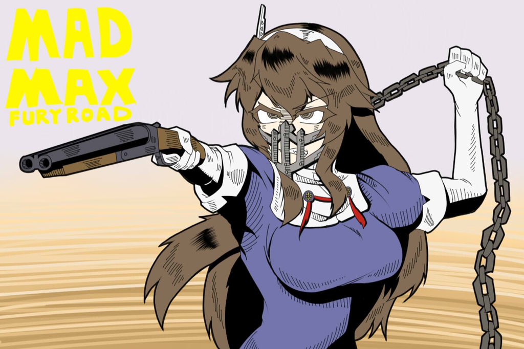ashigara_(kantai_collection) atee_(ate_robo521) breasts brown_eyes brown_hair chain clenched_teeth double_barrels dress elbow_gloves face_mask gloves gun hairband kantai_collection large_breasts long_hair mad_max mad_max:_fury_road mask muzzle sawed-off_shotgun shotgun teeth translation_request weapon