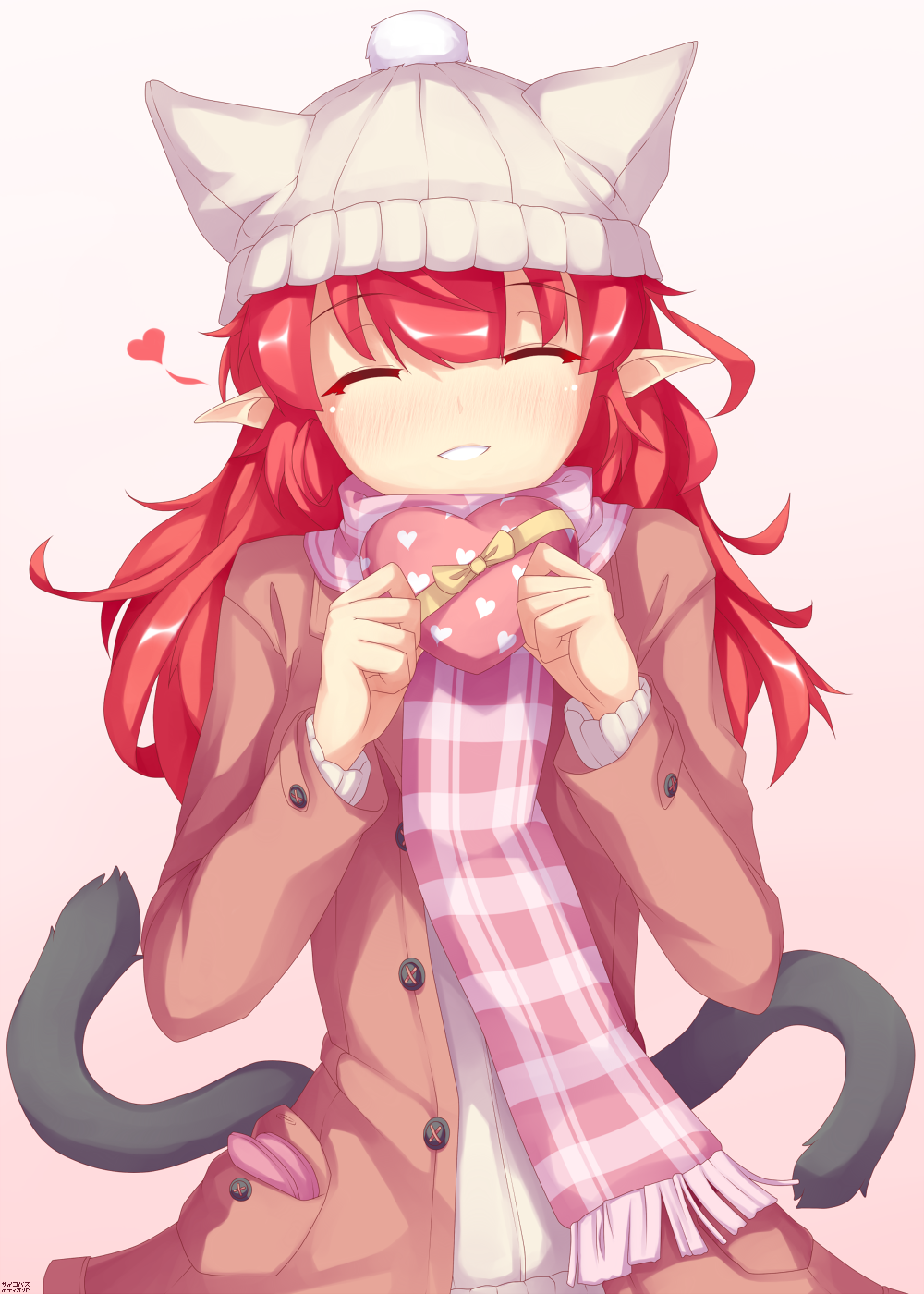 1girl alternate_costume alternate_hairstyle animal_ears blush box cat_ears cat_teaser closed_eyes coat extra_ears gift gift_box hair_down hat hat_with_ears heart heart-shaped_box highres incoming_gift kaenbyou_rin long_hair long_sleeves multiple_tails open_clothes open_coat psychopath_idiot redhead scarf smile solo tail touhou two_tails valentine