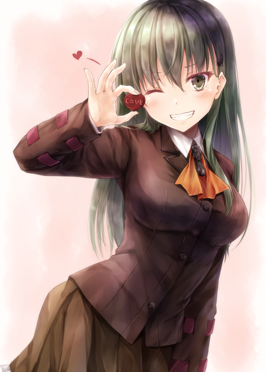 1girl arm_at_side bangs blazer blush buttons chocolate chocolate_heart collared_shirt cowboy_shot cravat eyebrows eyebrows_visible_through_hair green_eyes green_hair grin hair_between_eyes heart highres holding_food kantai_collection long_hair long_sleeves looking_at_viewer one_eye_closed pleated_skirt red_background school_uniform shirt skirt smile solo suien suzuya_(kantai_collection) valentine white_shirt