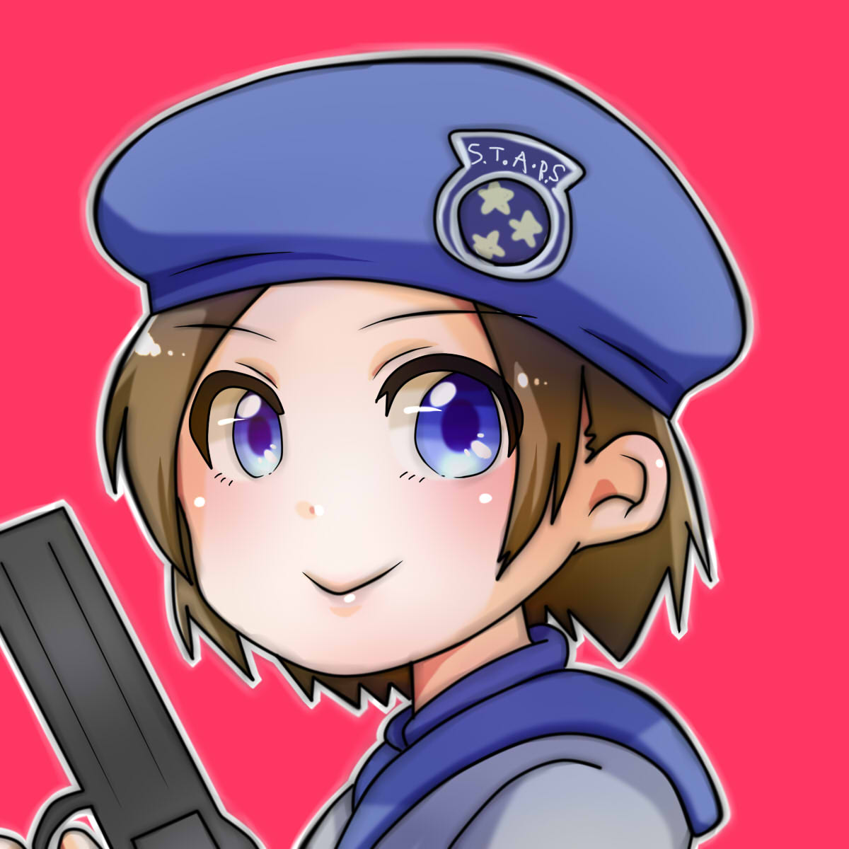 1girl blue_eyes brown_hair highres jill_valentine resident_evil sashimin☆ short_hair solo upper_body