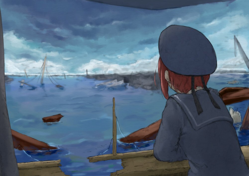 1girl auburn_hair clouds dress faceless hat kantai_collection kriegsmarine looking_afar nemubusoku ocean sailor_dress sailor_hat shipwreck short_hair sky z3_max_schultz_(kantai_collection)