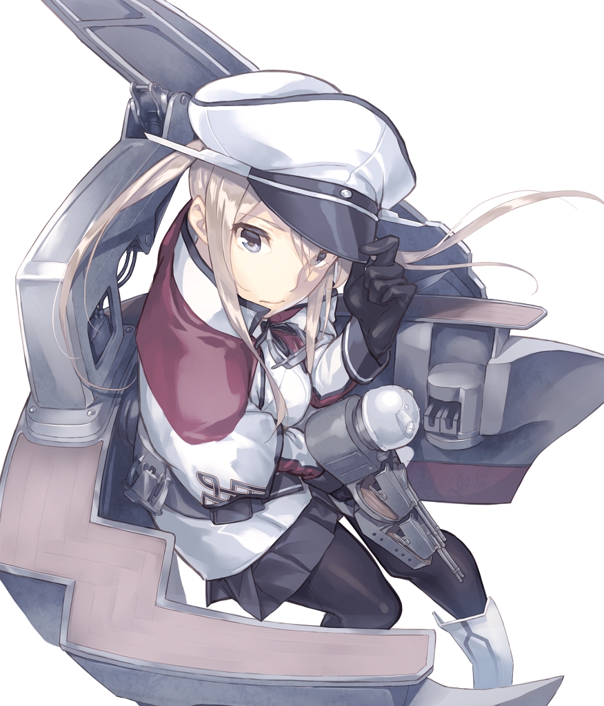 1girl black_legwear blonde_hair cannon capelet gloves graf_zeppelin_(kantai_collection) grey_eyes hair_between_eyes hat holding holding_hat jacket kantai_collection kriegsmarine long_hair looking_at_viewer machinery miniskirt pantyhose peaked_cap pleated_skirt sidelocks skirt solo turret twintails uniform yomo_(majidon)